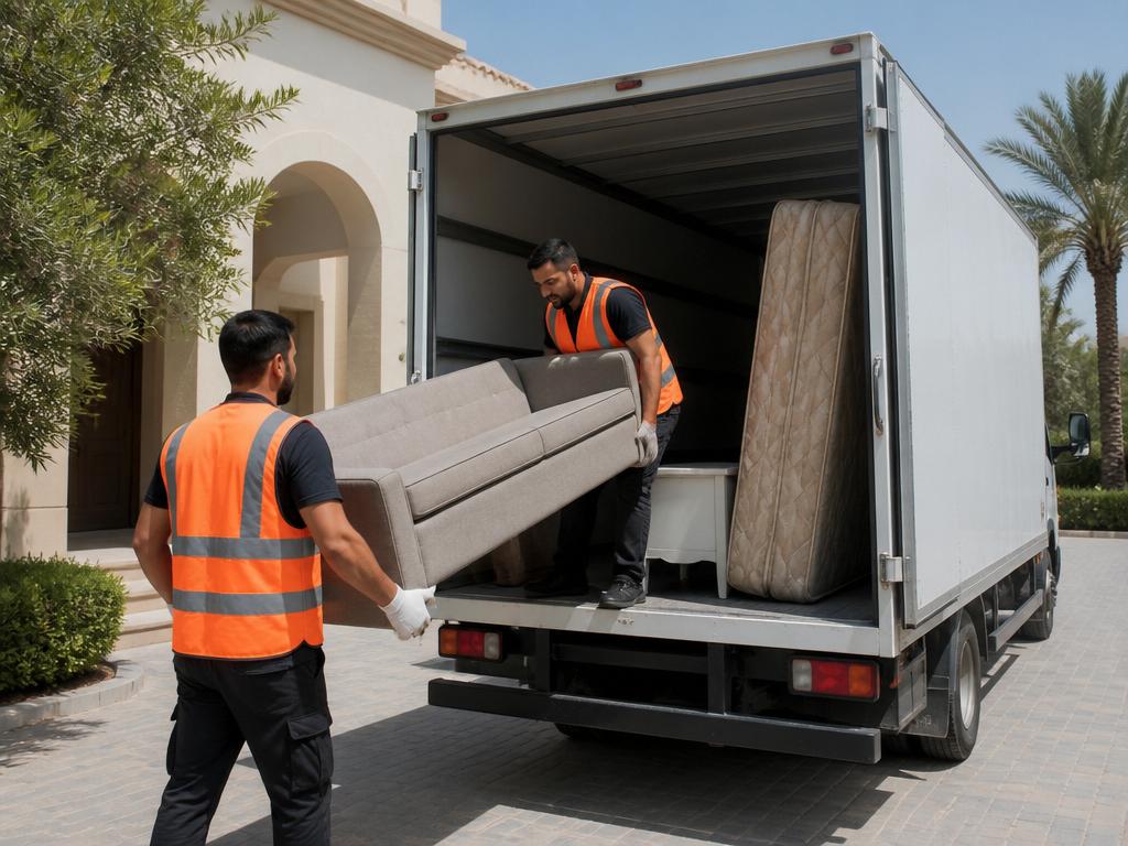 Junk removal team loading old furniture into a truck in Dubai